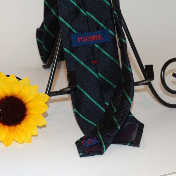 Vintage Rooster All Silk Blue Narrow Grn Striped Tie 56 x 3 - Picture 1 of 6